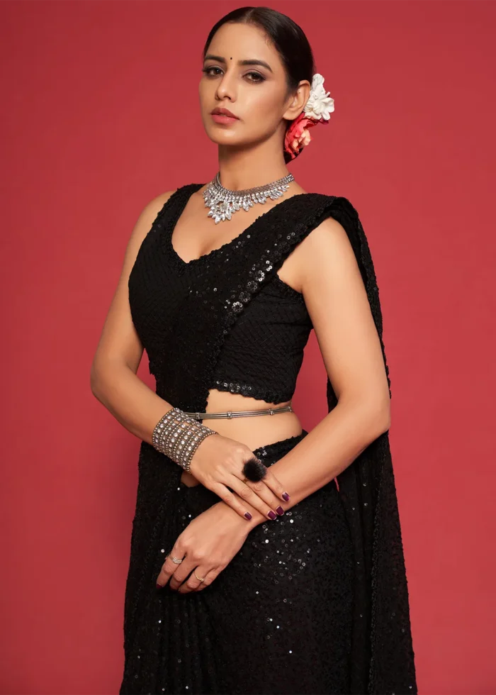 Black Georgette Heavy Sequins Embroidery Saree