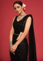 Black Georgette Heavy Sequins Embroidery Saree