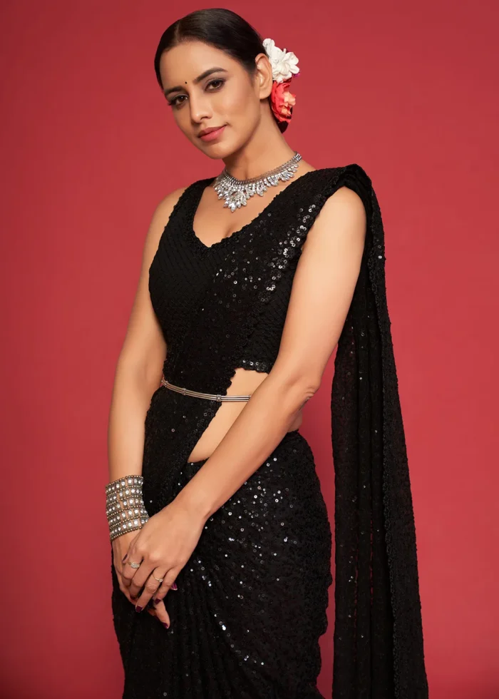 Black Georgette Heavy Sequins Embroidery Saree