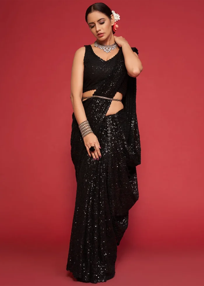 Black Georgette Heavy Sequins Embroidery Saree