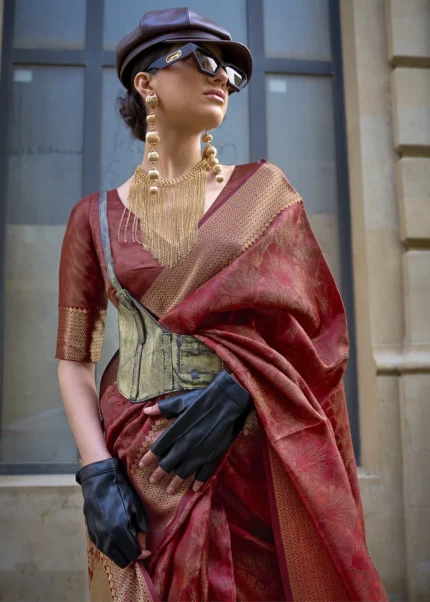 Brick Red Banarasi Organza Silk Saree