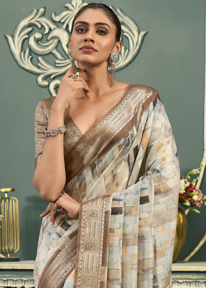 Brown Printed Cotton Silk Saree