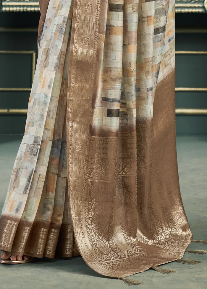 Brown Printed Cotton Silk Saree