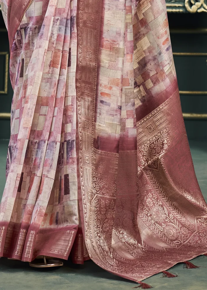 Burgundy Printed Cotton Silk Saree