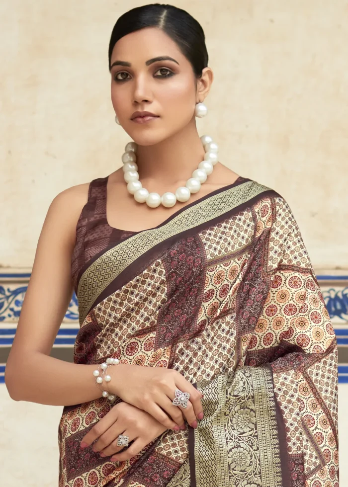 Chocolate Brown Printed Dola Silk Saree