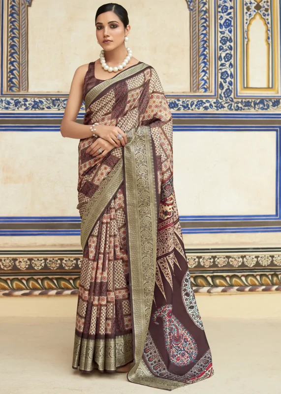 Chocolate Brown Printed Dola Silk Saree