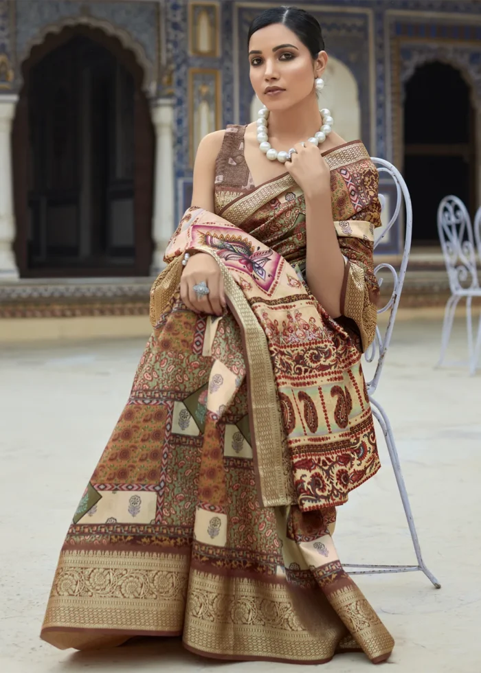 Coffee Brown Printed Dola Silk Saree