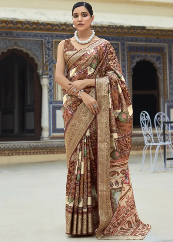 Coffee Brown Printed Dola Silk Saree