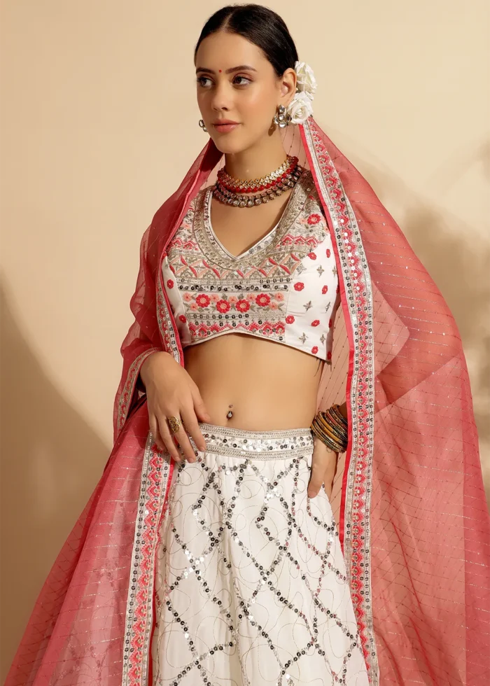 Coral Peach Embroidered Georgette Lehenga