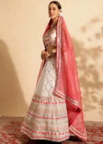 Coral Peach Embroidered Georgette Lehenga