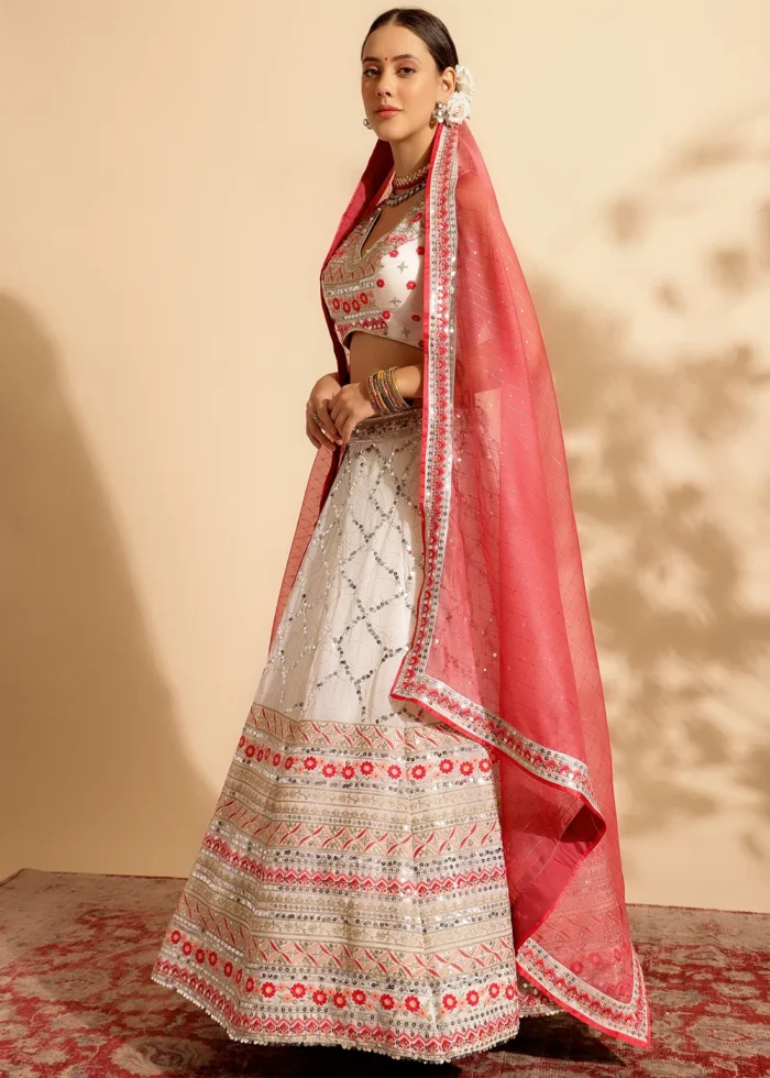 Coral Peach Embroidered Georgette Lehenga