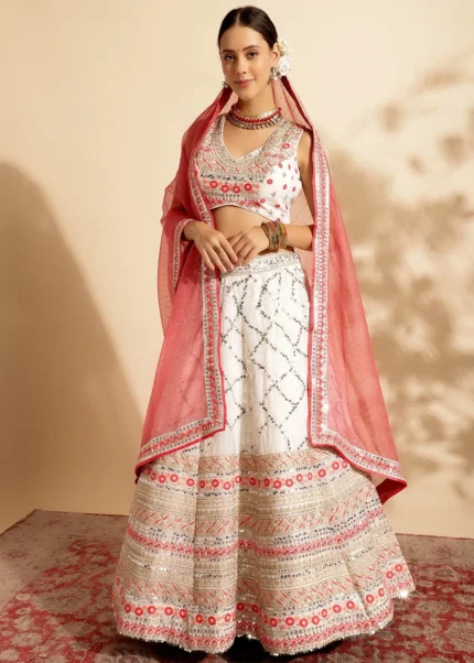 Coral Peach Embroidered Georgette Lehenga