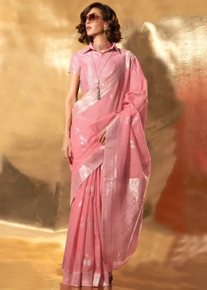 Coral Peach Linen Saree with Brocade Blouse