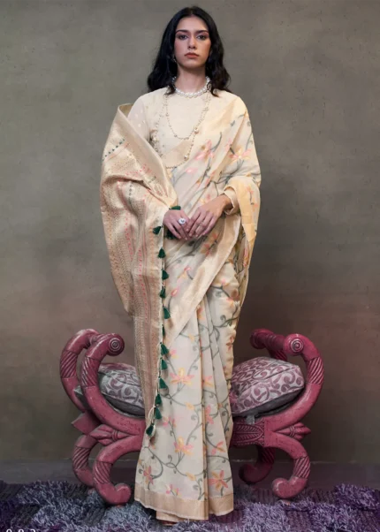 Cream Jamdani Cotton Silk Saree