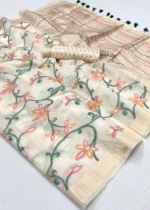 Cream Jamdani Cotton Silk Saree