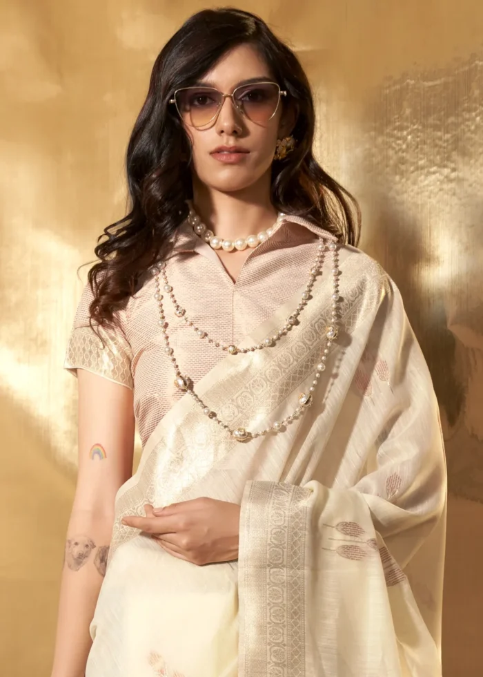 Cream Linen Saree with Brocade Blouse