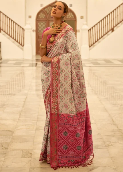 Cream Patola Silk Saree