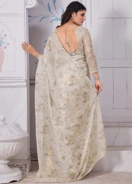 Cream Printed Organza Silk Saree