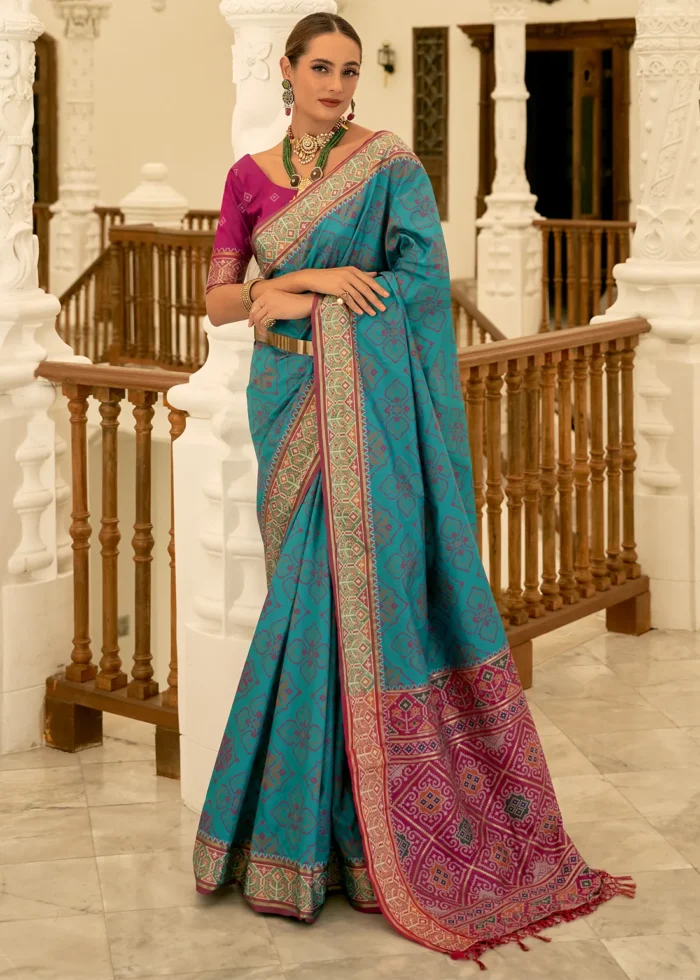 Cyan Blue Patola Silk Saree