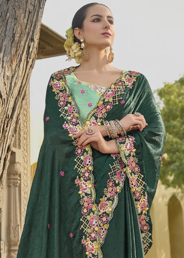 Dark Green Embroidered Crushed Silk Saree