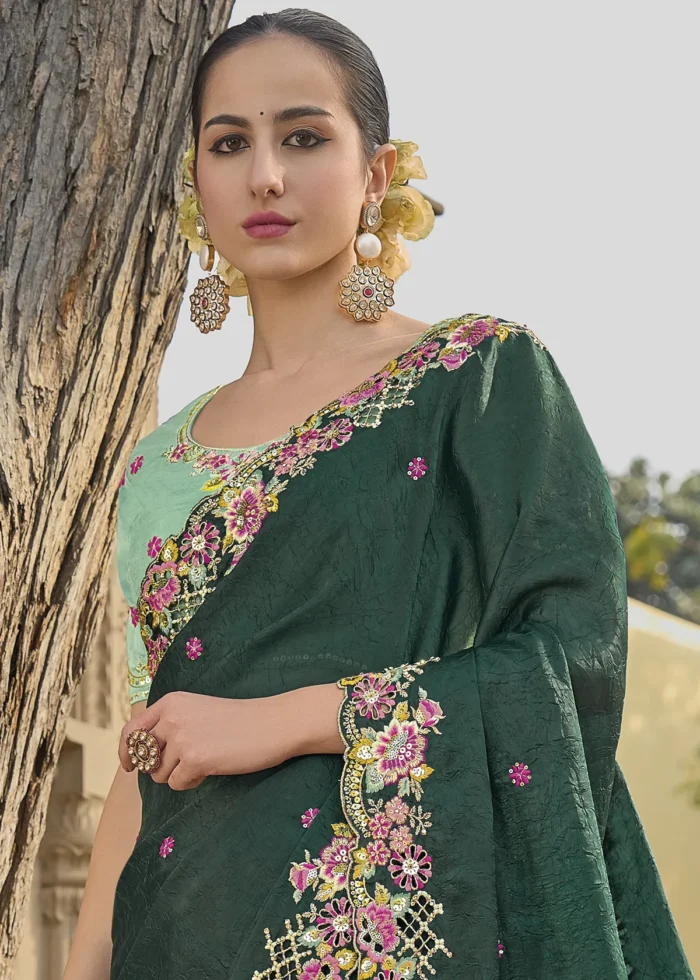 Dark Green Embroidered Crushed Silk Saree