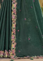 Dark Green Embroidered Crushed Silk Saree