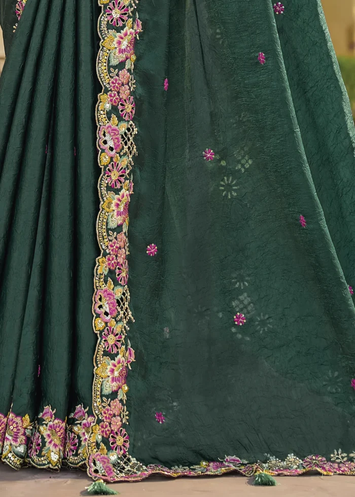 Dark Green Embroidered Crushed Silk Saree