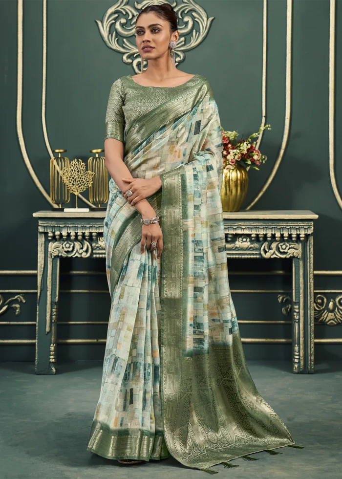 Dark Green Printed Cotton Silk Saree