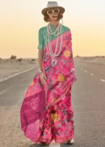 Dark Pink Printed Tussar Silk Saree with Zari Weaving