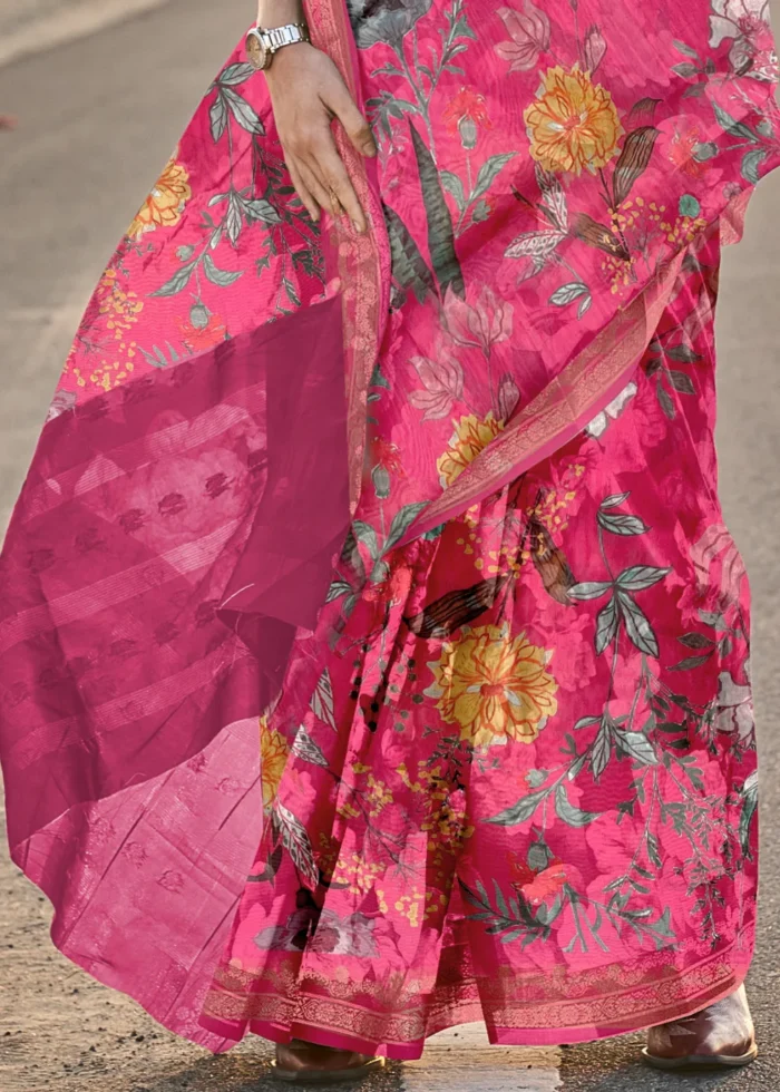 Dark Pink Printed Tussar Silk Saree with Zari Weaving