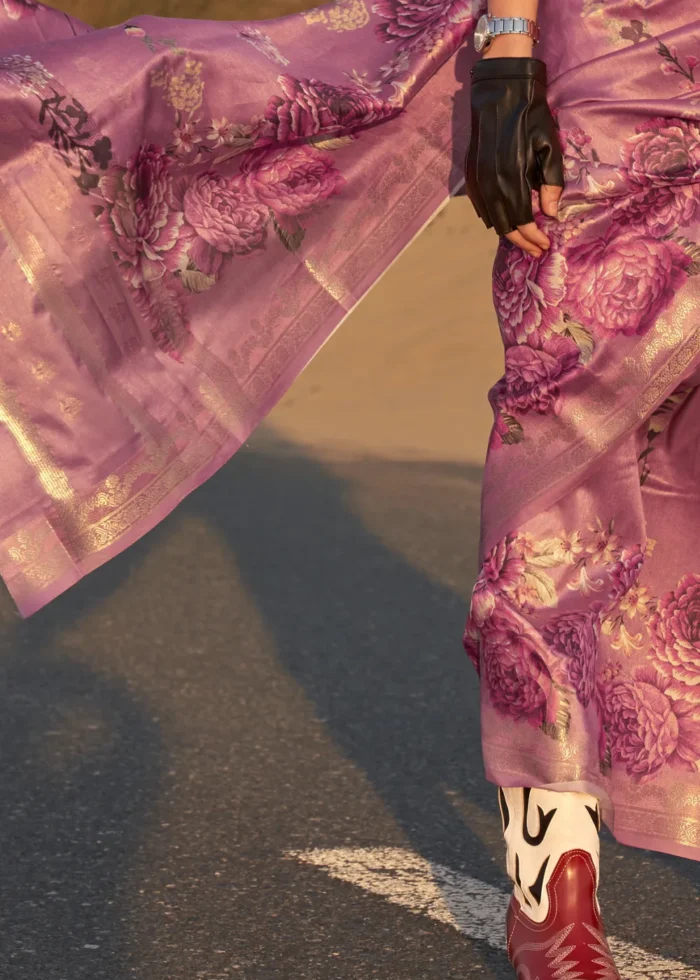 Dusty Magenta Printed Tussar Silk Saree with Zari Weaving