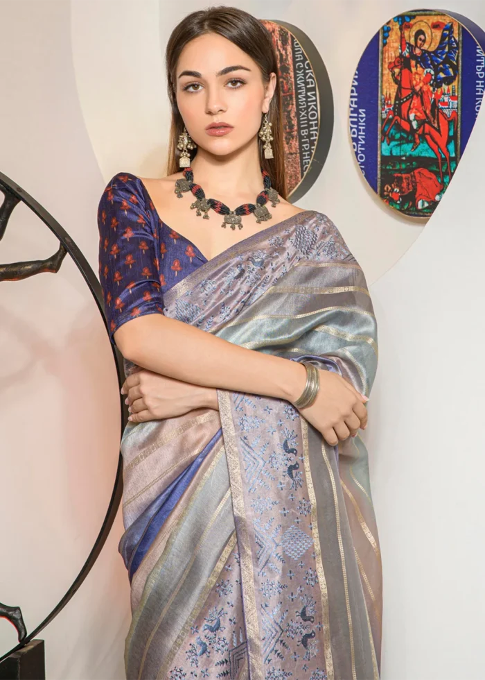 English Violet Printed Organza Silk Saree