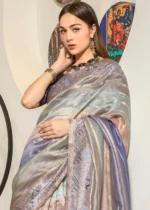 English Violet Printed Organza Silk Saree