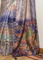 English Violet Printed Organza Silk Saree