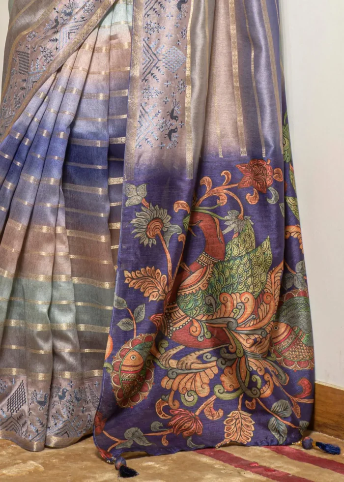 English Violet Printed Organza Silk Saree