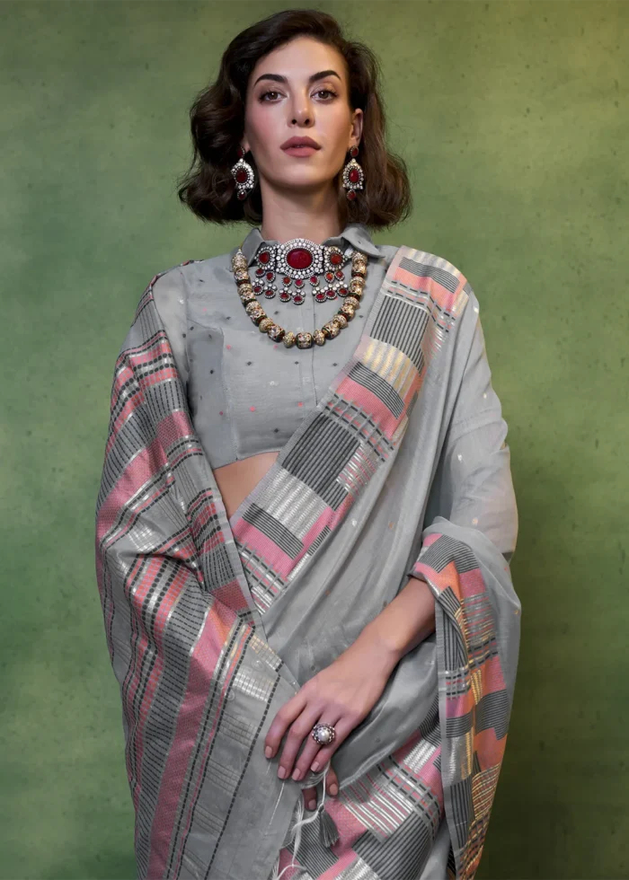 Gray Cotton Silk Saree with Brocade Blouse