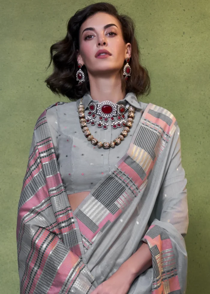 Gray Cotton Silk Saree with Brocade Blouse