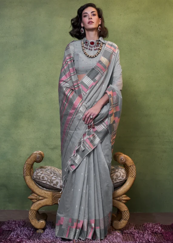 Gray Cotton Silk Saree with Brocade Blouse