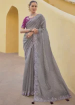 Gray Embroidered Organza Silk Saree