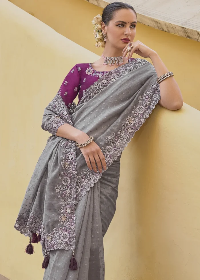 Gray Embroidered Organza Silk Saree