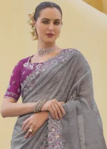 Gray Embroidered Organza Silk Saree