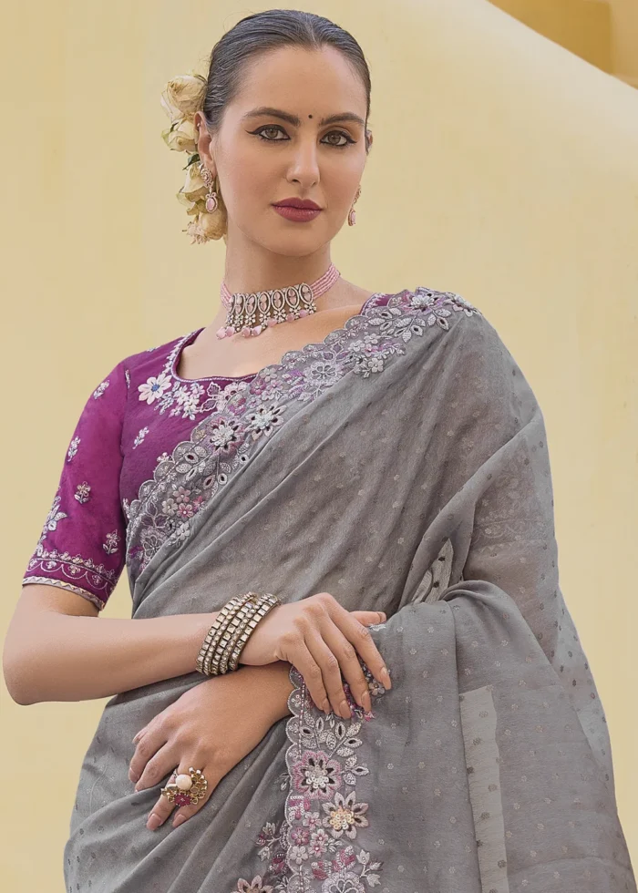 Gray Embroidered Organza Silk Saree