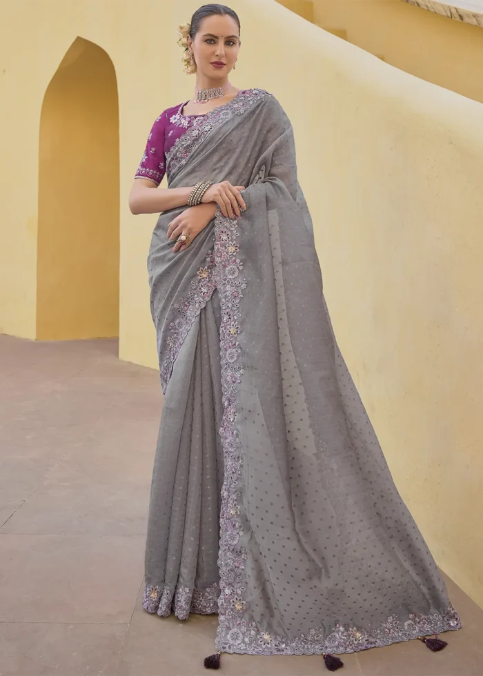 Gray Embroidered Organza Silk Saree