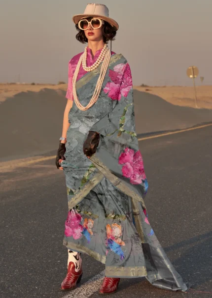 Gray Printed Tussar Silk Saree with Zari Weaving