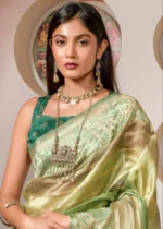 Green Printed Organza Silk Saree with Embroidery Work