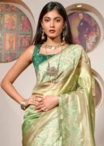 Green Printed Organza Silk Saree with Embroidery Work