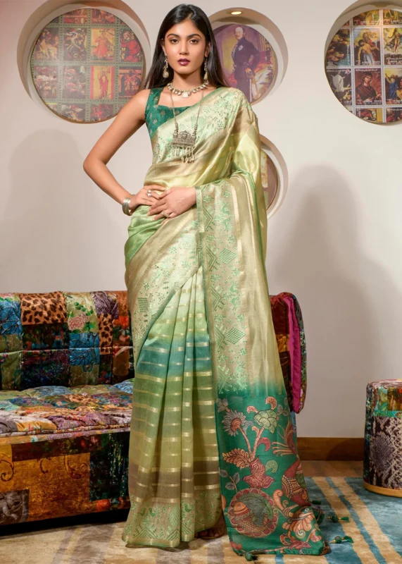 Green Printed Organza Silk Saree with Embroidery Work