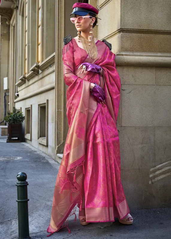 Hot Pink Banarasi Organza Silk Saree