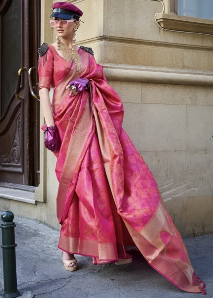 Hot Pink Banarasi Organza Silk Saree