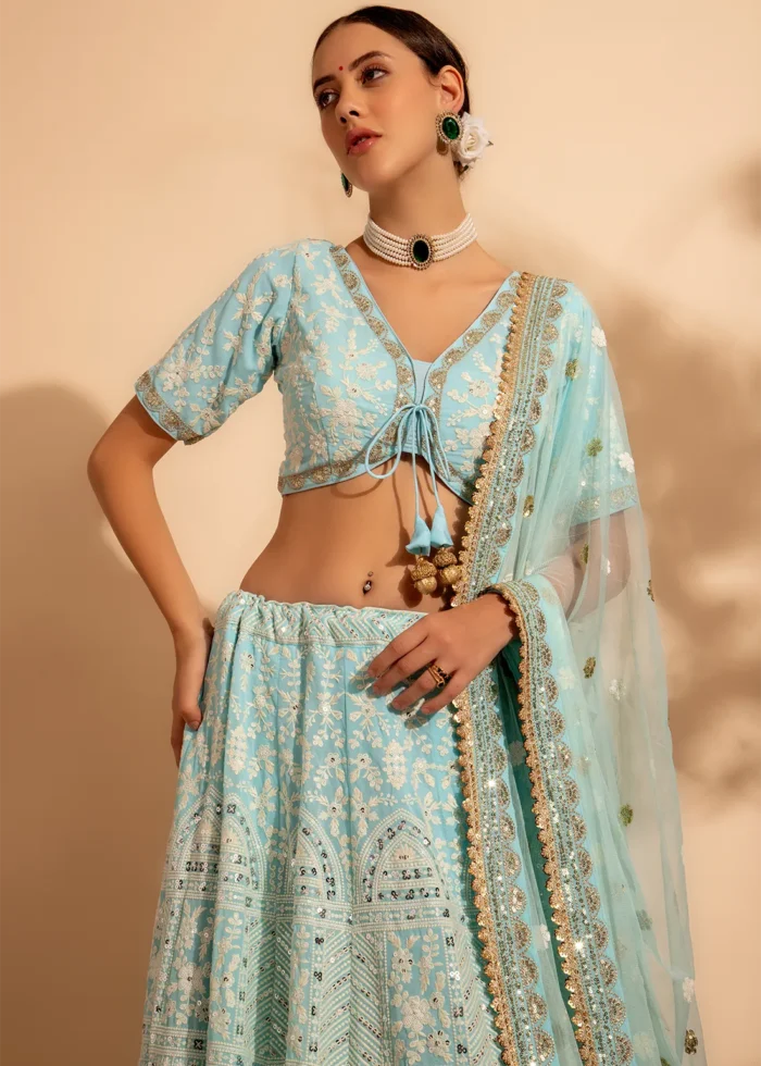 Light Blue Embroidered Georgette Lehenga